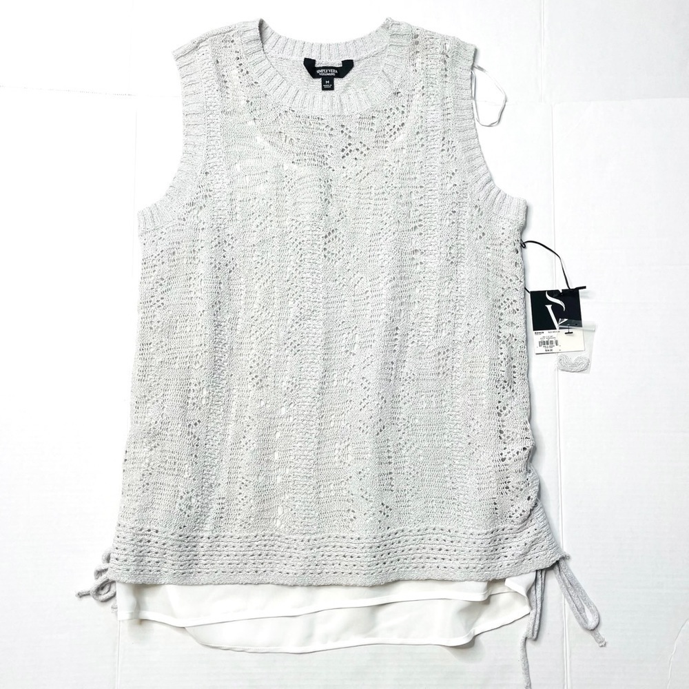 Simply Vera Vera Wang Gray Pointelle Knit Lace Up 2Fer Crewneck Tank Top M NWT